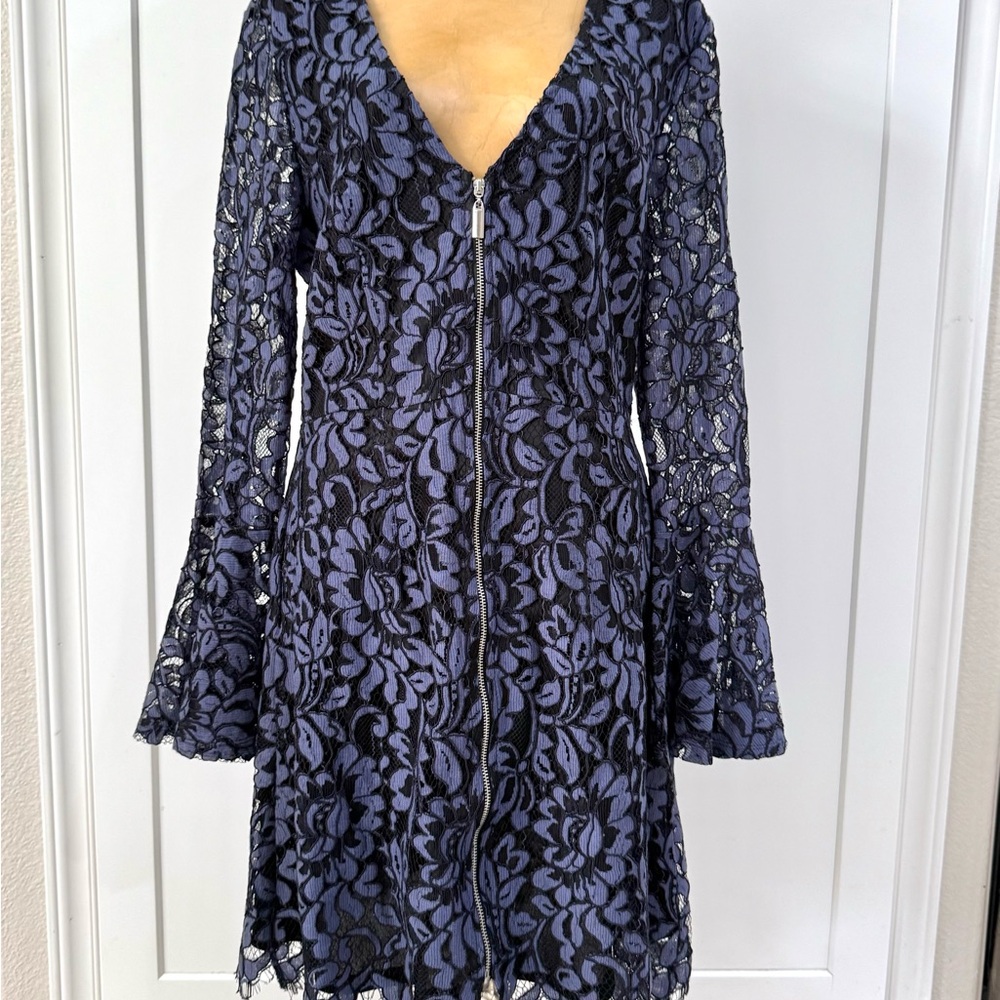 Elegant Lace V-Neck Dress - Black and Blue with Bell Sleeves by ANGL Brand